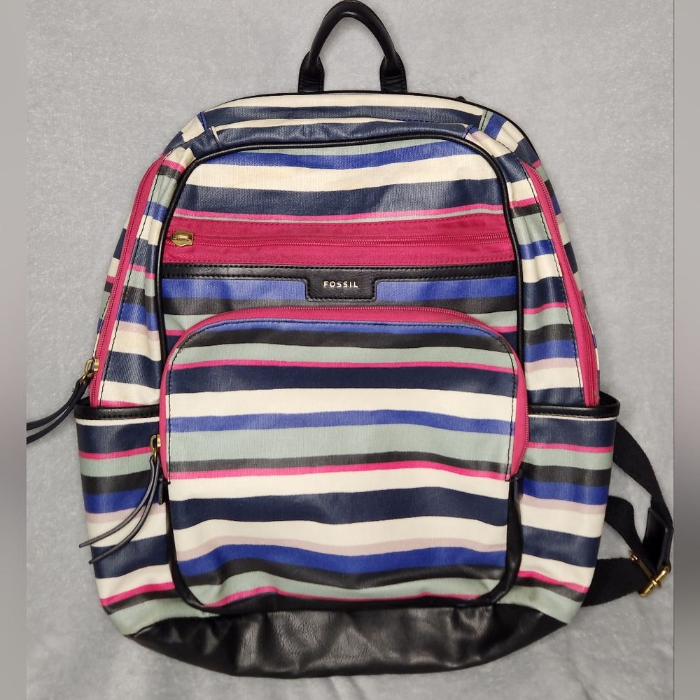 FOSSIL Eliza Campus Backpack Multicolor Stripe Coated Canvas SHB1924